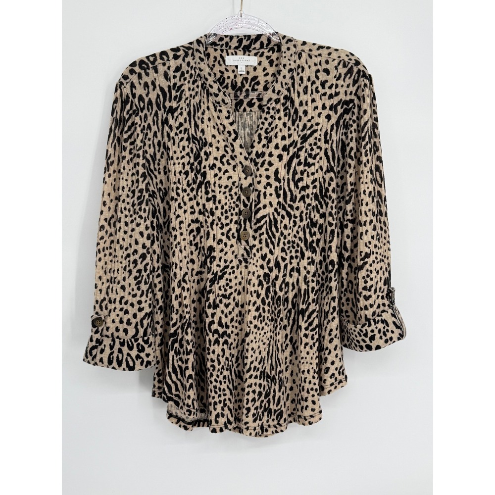 New Directions Women Leopard Print Henley Blouse Tan Black 3/4 Sleeve Large